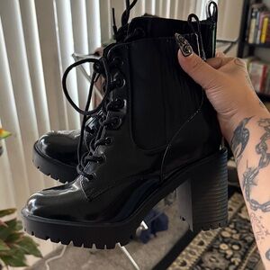 MIA Black Patent Lace-Up Chunky Heel Combat Boots